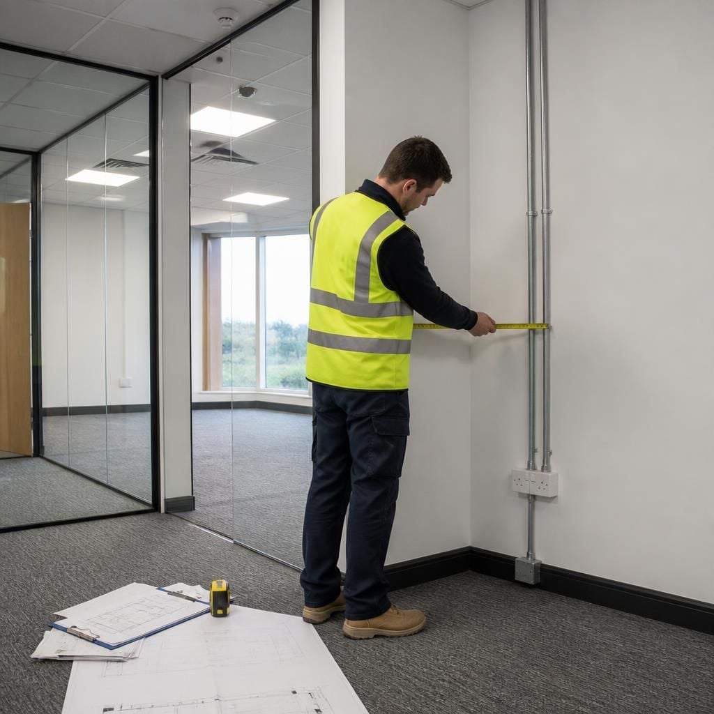 Installer measuring an office partition layout beside existing walls and services