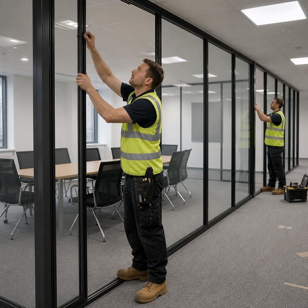 Installers fitting glazed office partition panels around a new meeting room
