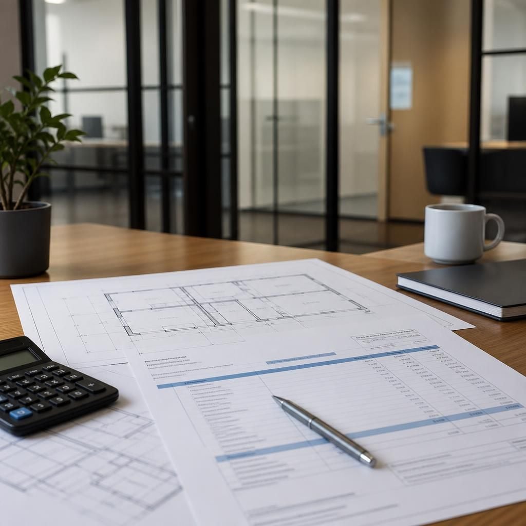 Office partition plans and quotation documents on a desk