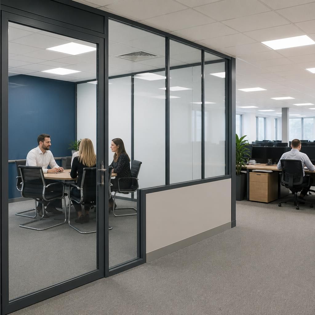 Glazed office partition framing a meeting room beside open-plan desks