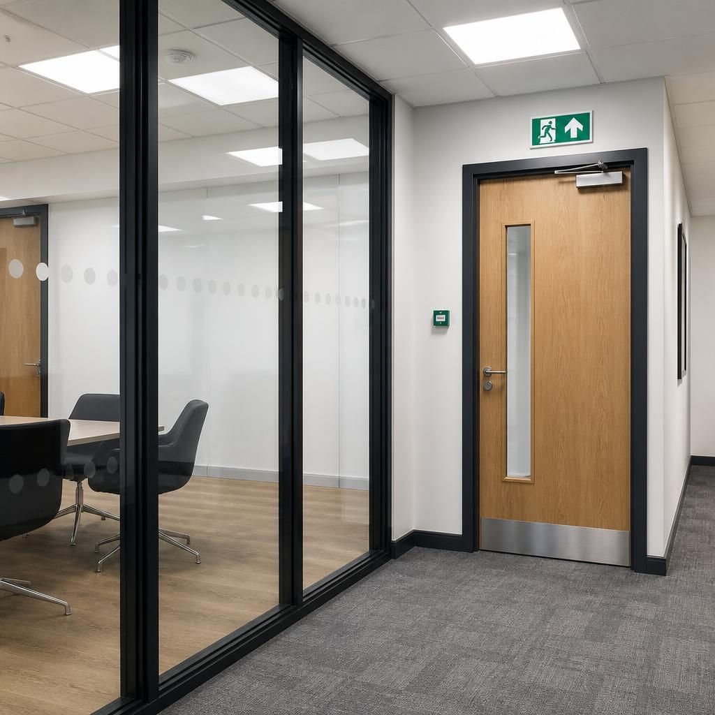 Office partition with glazed panel and fire door beside an escape route