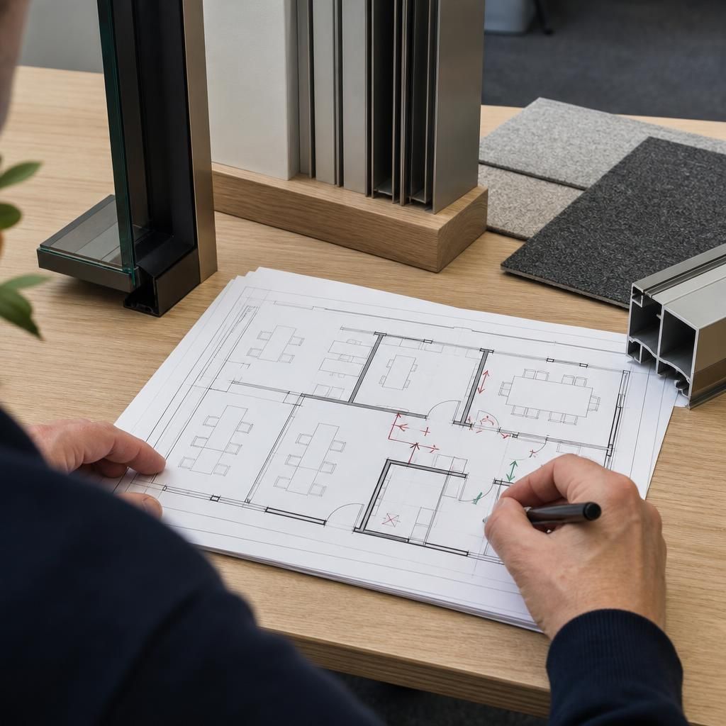 Office layout marked on a floor plan beside partitioning materials