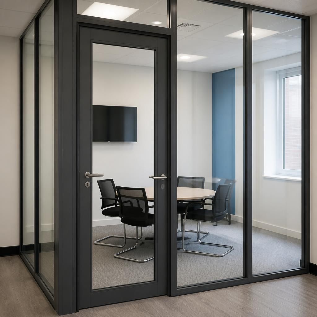 Glazed office partition with a hinged door beside meeting room furniture