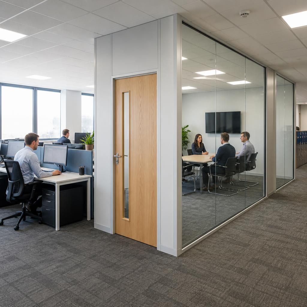 Meeting room separated from an open office by demountable partition panels