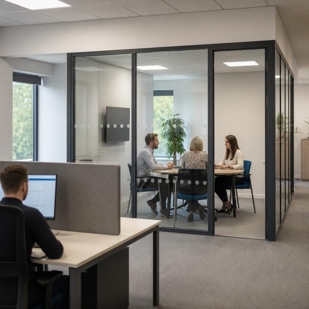 Office partitioning creating a defined meeting and administration area