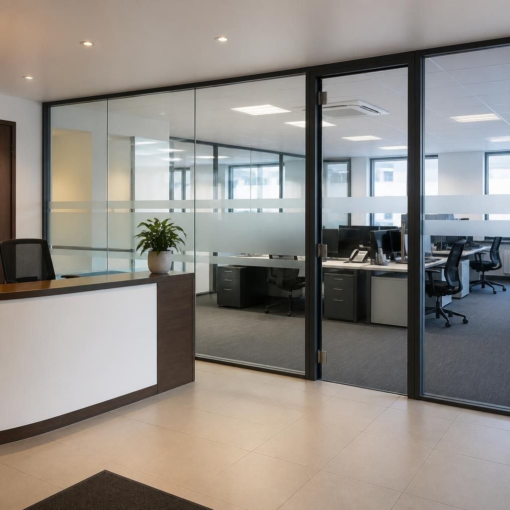 Office partitioning separating reception from workplace areas