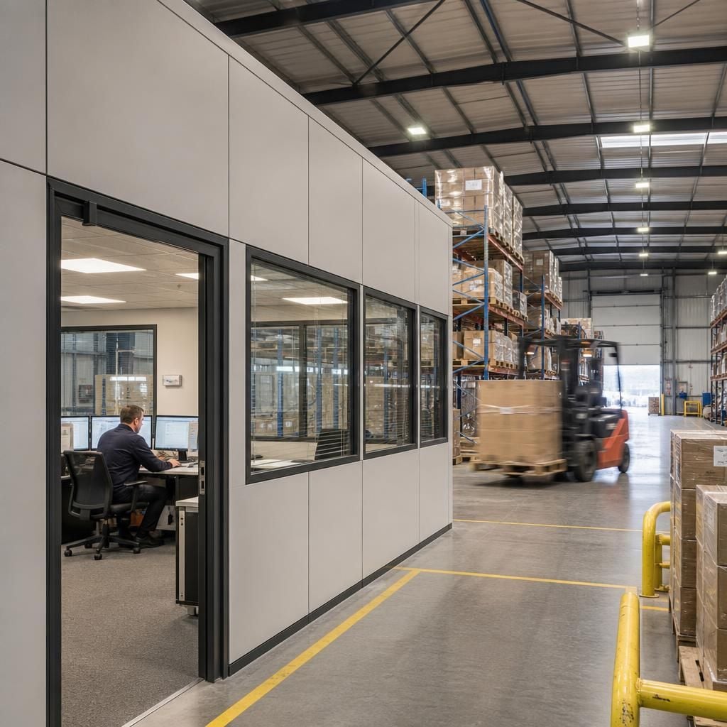 Industrial partition walls forming an office beside warehouse operations