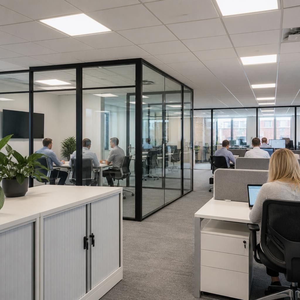 Office partitioning dividing a large commercial floor into practical rooms